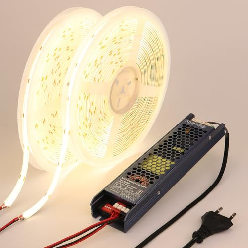 BENLUN 24V COB LED Streifen 20m Aussenbereich Wasserdicht mit Netzteil | 4000K Naturweiß LED Strip Outdoor IP65 160W Selbstklebend CRI 93 für Schlafzimmer Zimmer Dekoration Beleuchtung, 10m X 2