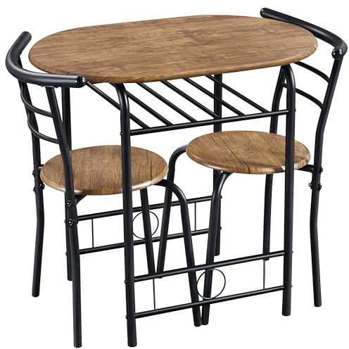 Yaheetech Set Mobili da Bar Tavolo e 2 Sedie Sala da Pranzo Cucina Piccoli Spazi Salvaspazio Balcone per 2 Persone in Legno e Metallo Sedia Portata 136 kg Marrone Retro