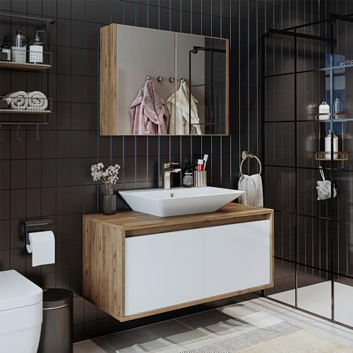 ROOMART • Badmöbel Set • Atlantic • 3-teilig • Keramik Waschbecken mit Unterschrank 65 cm, 85 cm, 100 cm, Spiegelschrank 80 cm (Weiß - Eiche, 100 cm)