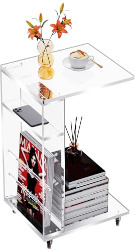 solaround Acryl Beistelltisch mit Rollen, Transparent, C-Form, Kleiner Sofatisch für Couch, 35 x 30 x 55 cm (Transparent)