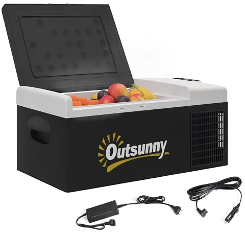 Outsunny Nevera Compresor Portátil 16L Refrigerador de Coche -20℃-10℃ 12 / 24V DC y 100-240V CA con Modos Eco/MAX para Camping Viajes 60x32x26 cm Negro y Gris