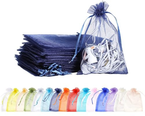 MORAINJAY 100 Pezzi Sacchetti Organza,9x12cm Blu Navy Sacchetti Organza Regalo,Borse Organza con Coulisse,Sacchetti Confetti per Matrimonio,Bomboniere,Caramella,Gioielli
