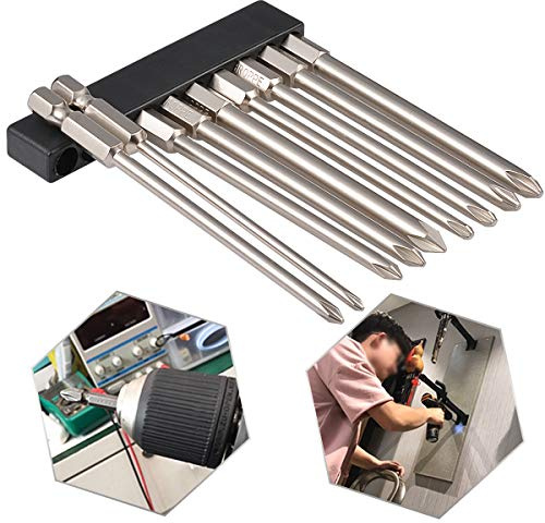 HOHXEN Lot de 9 Embouts de Tournevis Cruciformes, 1/4 Tige Hexagonale S2 Acier Longue Tête de Tournevis Cruciforme Hexagonale pour Trous de Vis Profonds - Longueur 100mm