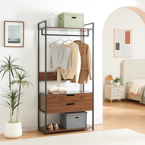 [en.casa] Garderobsställ stort klädställ med 2 lådor metallram 180 x 84 x 40 cm öppen garderob med klädstång stående garderob hallgarderob med 2 hyllor valnötsoptik