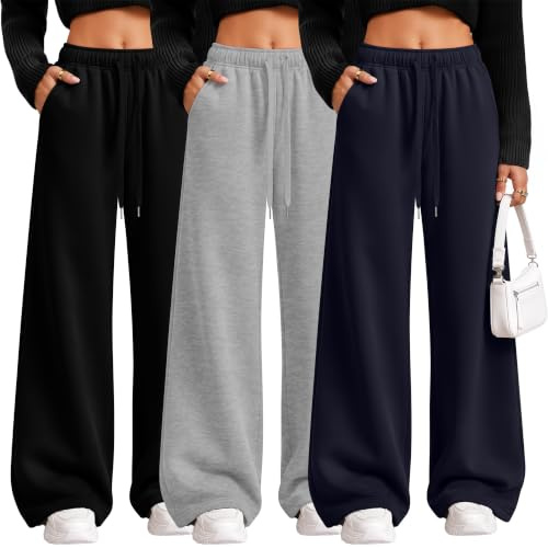 Riyiper Paquete de 3 Pantalones Deportivos de Pierna Ancha para Mujer Rectos con Cordón y Cintura Elástica y Bolsillos(Azul Marino, Gris Claro, Negro,L)