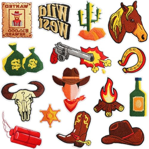 Qpout 15 PZ Western Cowboy oppe da Stirare, Toppe Ricamate Cowboy Toppe Termoadesive, Toppe di Riparazione per Abbigliamento Giacche Jeans Cappelli Zaini