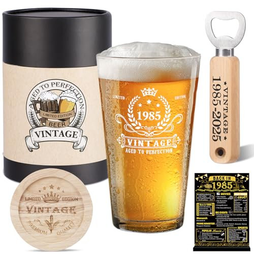 Amosking 40th Birthday Gifts for Men, Vintage 1985 Beer Glass, Wooden Bottle Opener, Vintage Beer Box, Wooden Coaster, 1985 Greeting Card and Poster Anniversary Card 40th Birthday Gift Ideas for Him