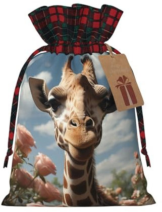 Weihnachts-Geschenktüte mit Kordelzug, Weihnachts-Geschenktüte aus Jute, schöne Giraffe mit Kordelzug, Geschenkbeutel für Weihnachten, Weihnachten, Kordelzugbeutel, Weihnachts-Leinenbeutel,