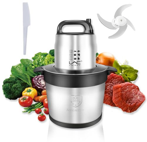 Hachoir à viande de grande capacité de 8 L, hachoir à légumes avec bol en acier inoxydable 1200 W, 2 vitesses, 4 lames à deux niveaux et spatule pour aliments pour bébés, viande, oignons, légumes,