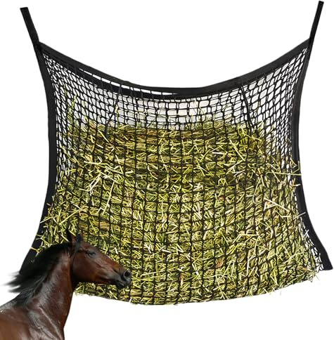 GAOUTO Filet à foin pour chevaux : 120 x 90 cm, filet à foin de ferme, taille 3 x 3 cm, filet d'alimentation pour foin de 8,5 kg, sac à foin, sac à foin, le temps d'alimentation peut être prolongé