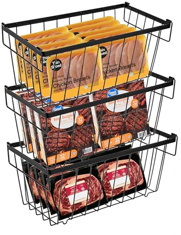 Gitterkorb Metall, 3PCS Gefriertruhe Korb Metall Gefrierschrank Organizer Stapelbare Drahtkörbe Mit Griff Und Rutschfestem Boden Drahtkorb Schwarz für Kühlschrank Schrank Küche 37x18.5x15.5cm (3)