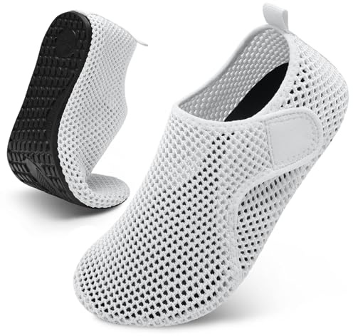Scurtain Sock Mesh Slippers for Women Comfy White Slip on Flats Sandal Men Washable Cruise Travel Slippers Barefoot Water Aerobics Shoes Pool Swimming Shoes Size