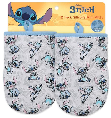 Disney Oven Mitts 2-Pack - 5.5” x 7.5” Heat-Resistant Mini Oven Mitts with Non-Slip Printed Silicone Disney Silhouettes - Pot Holders for Kitchen - Mickey & Minnie, Stitch, Winnie the Pooh