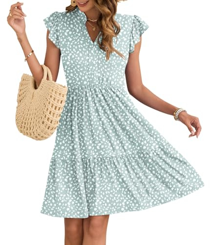 AUSELILY Dam sommarklänning V-ringad volang kortärmad damklänning wrap midja vardaglig minidress med fickor, Grön fläck, XL