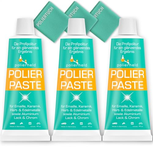 Fugenheld Polierpaste inkl. Poliertuch - profi politur hochglanz - für Hart & Edelmetalle sowie Aluminium - Entfernt Mattierungen & Kratzer - für Autos, Uhren & Schmuck - Made in Germany (3er Pack)