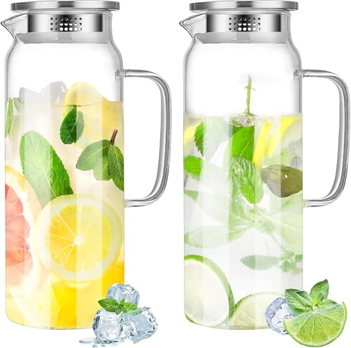 2 Stück Wasserkrüge aus Glas, 2 Liter Glaskrug mit Deckel und Griff, durchsichtiger Eisteekrug, Milchkrug aus Glas, hitzebeständiger Wasserkrug, Saftkrug für den Kühlschrank, Getränkekaraffe