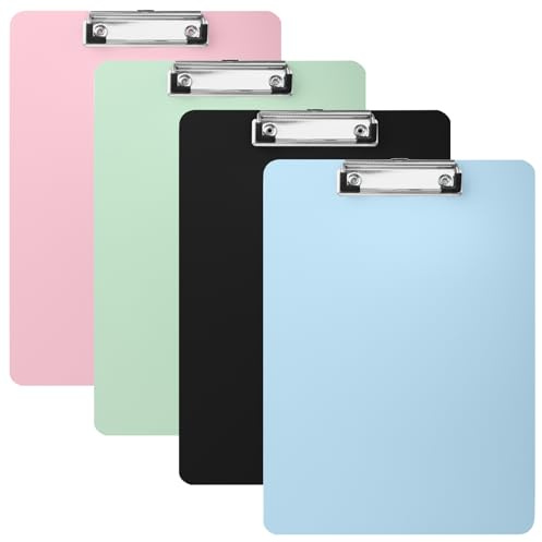 Klemmbrett A4,4 Stück Klemmbretter mit Metallclip und Verstecktem Haken 4 Farben Clipboard Kunststoff A4 Klemmbretter für Papierkram,Zeichnungen,Speisekarten oder Klassenzimmerbüros