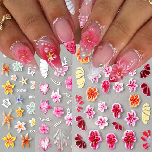 3 Sheets Summer Flower Nail Stickers for Nail Art - Flame Ice Floral Nail Art Stickers 5D Embossed Starfish Nail Decals Manicure Supplies for Women Spring Summer DIY Nail Decorations
