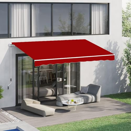 Tenda da sole con braccio articolato a manovella, 4 x 3 m, impermeabile, resistente ai raggi UV, antivento, con staffa da parete, per patio, giardino, negozio (rosso) - facile da montare