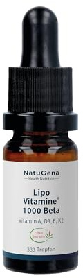 NatuGena LipoVitamine 1000 Beta, Vitamin A, E, K2, Beta-Carotin mit 150 μg Retinoläquivalenten, 1.000 IE Vitamin D3 pro Tropfen, 333 Tropfen / 10 ml