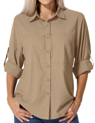 Asfixiado T-shirt pour femme - Protection UV UPF 50+ - Vêtement safari - Chemisier de randonnée - Chemisier d'extérieur respirant à séchage rapide - Protection solaire à manches longues, Gravel Brown