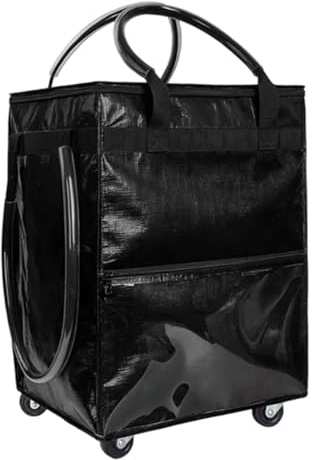 HELEVIA Reusable Grocery Bag On Wheels, Water Proof Portable Shopping Rolling Bag, Foldable Trolley Cart with Handle, for Camping Traveling (Black)