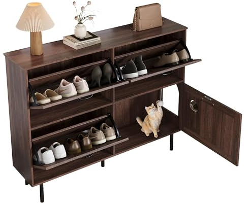 HAINEW Zapatero con 3 solapas y armario para gatos, zapatero estrecho para pasillo, dormitorio, salón, nogal, 120 x 28 x 92 cm