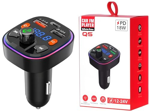 Transmetteur FM Bluetooth, Type-C PD 20W & QC 3.0 Chargeur Rapide de Voiture, Bluetooth Lecteur MP3 Adaptateur Radio sans Fil Kit Émetteur FM Voiture Chargeur, Appels Mains Libres MP3 Support