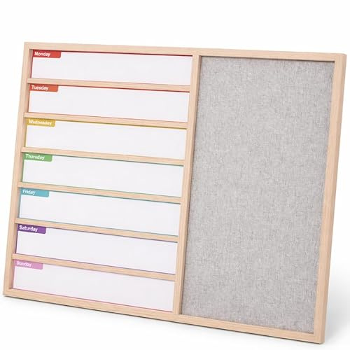 7 Day Weekly Planner White Board with Pin Board Combo, 60x40 cm Bulletin & Dry Erase Board, Wooden Frame Wall Planner Board for Home, Office & School (Oak)