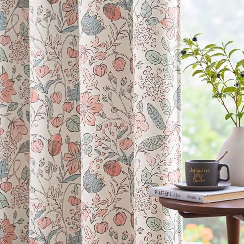 Vangao Tenda oscurante per camera da letto dei bambini, cucina, soggiorno, finestra, floreale, rosa cipria e verde, moderna, 132 x 160 cm, set di 2 tende in stile bohémien, opache, vintage, con