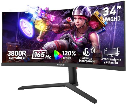 Gawfolk Monitor Gaming Curvo ultrawide de 34 Pulgadas, 165 Hz, Pantalla 3800R 21:9 UWQHD (3440×1440), 120% sRGB, 1 ms, Adaptive Sync, DisplayPort, HDMI, Soporte Ajustable en Altura - Negro