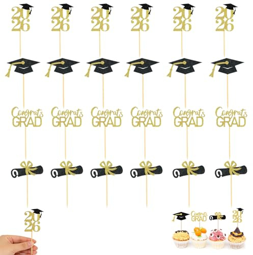 24 Piezas Adornos para Cupcakes de Graduación 2026 con Brillo, Decoración de Pastel de Graduación con Sombrero de Soltero, Toppers para Cupcakes de Graduación para Fiestas y Postres