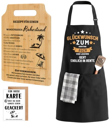 Renteneintritt Geschenk Männer, Ruhestand Geschenkset mit Grillschürze, Bambus Schneidebrett & Karte, Abschiedsgeschenk für Chef, Kollegen, Papa