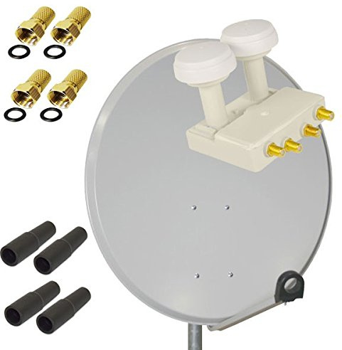 PremiumX Satelliten-Komplettanlage 80cm Satellitenschüssel Aluminium Hellgrau Quad LNB Monoblock Astra Hotbird, 2 SAT 4 Teilnehmer