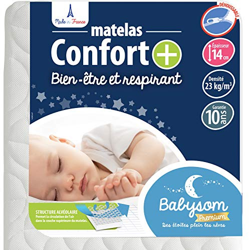 Babysom - Bekväm barn/babymadrass + 70 x 140 cm | perfekt luftcirkulation: Andningsbar | Ultra Ventilerad: Optimal komfort | tjocklek 14 cm | avtagbart överdrag | Oeko-Tex | fransk tillverkning