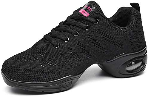 Women's Jazz Shoes Lace-up Sneakers - Breathable Air Cushion Lady Split Sole Athletic Walking Dance Shoes Platform Black,10