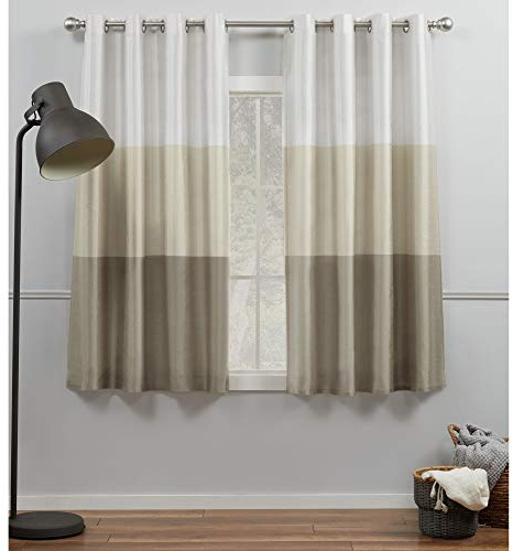 Exclusive Home Chateau Striped Faux Silk Grommet Top Curtain Panel Pair, 54x63, White/Sand