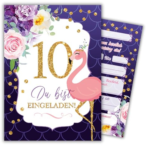 JuNa-Experten 12 Einladungskarten zum 10. Kindergeburtstag – Flamingo-Motiv für Mädchen, Einladungen zum zehnten Geburtstag, Geburtstagskarten für Kinder