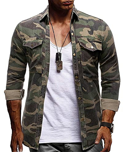 oneforus Camicia di Jeans da Uomo Camicia Stampata Mimetica Vintage Causal Button Down Slim Fit Top Manica Lunga