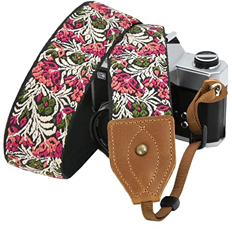 Padwa Lifestyle Camera Strap - 2 Wide Classic Vintage Crazy Horse Arts Cowhide Head Cotton Embroidered Universal Neck Shoulder & Crossbody Camera Straps for Photographers Gift and All DSLR Cameras