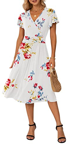 GRECERELLE Womens Summer Wrap Dress Ladies Casual Ruffle Short Sleeve V-Neck Floral Beach Dresses for Women