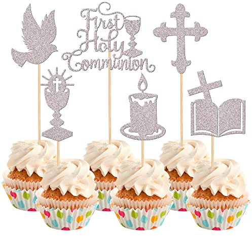 Xsstarmi 36 PCS First Holy Communion Cupcake Toppers Glitter God Bless Dove Cross Cupcake Picks First Communion Cake Decorations for God Christian Baptism Theme Baby Shower Birthday Party Silver