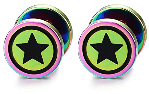 Hombre Mujer 10MM Arco iris Coloridos Círculo Estrella Pendientes con Negro Esmalte, Acero Enchufe Falso Fake Plug Gauge