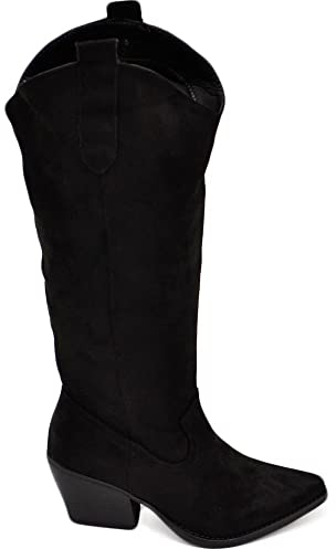 Stivali Donna camperos Texani Stile Western Nero Liscio su Pelle Scamosciata Tinta Unita Altezza Polpaccio (37 EU)