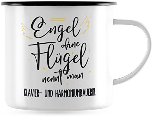 JUNIWORDS Emaille-Tasse, Engel ohne Flügel nennt man Klavier- und Harmoniumbauerin, Schwarzer Tassenrand (5169903)