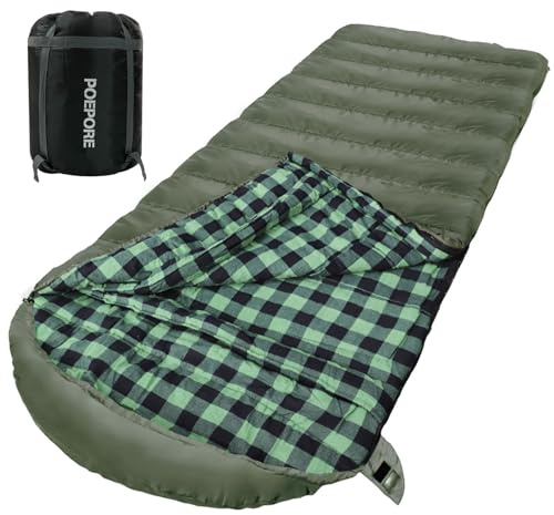 POEPORE XXL Sac de Couchage en Flanelle de Coton pour Adultes 3-4 Saisons Sac de Couchage de Camping et Randonnée Hiver avec Sac de Compression de Voyage Interieur Extérieur 230 * 100CM Olive