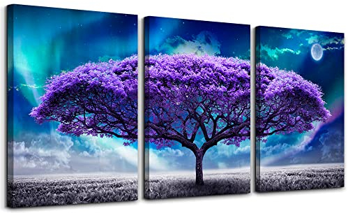MHARTK66 Bilder Lila Großer Baum Nordlichter Leinwandbilder Polarlicht, Modern Natur Aurora Landschaft Wandbilder Wohnzimmer Schlafzimmer Büro Bauernhaus Esszimmer und Badezimmer