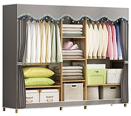 BOKNI Stabiler Kleiderschrank aus massivem Holz, schwere Montage, großer Kleiderschrank, graues Herrenschlafzimmer-Kleiderregal (Größe: 163 x 200 x 44 cm)