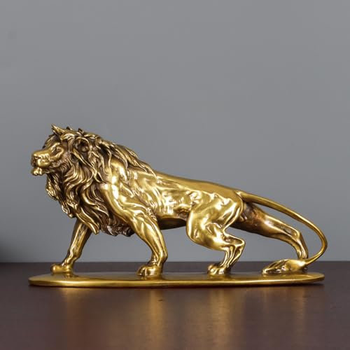 NILEEBUKER Goldfarbene Messing-Statue, König der Löwen, Tier-Skulptur für Zuhause, Büro, Dekoration, 19 cm