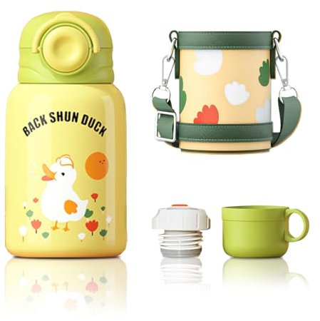 SOLARLAB Borraccia termica bambini 450ML in Acciaio Inossidabile senza BPA - Compatibile per Bambini da 1 a 6 anni - Con 2 Tappi e Borsa Portabottiglie Inclusa -Adatto per l'uso a scuola, in campeggio